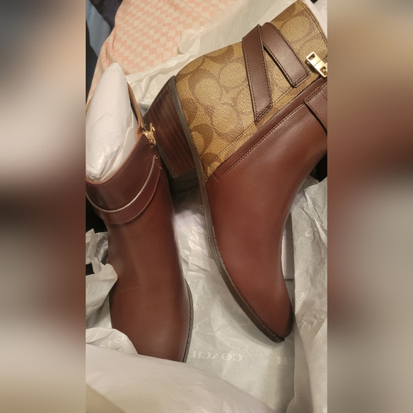 Coach Shoes - Coach Brown Leather & Signature Canvas Ankle Boots with Gold Accent Size 9 NEW